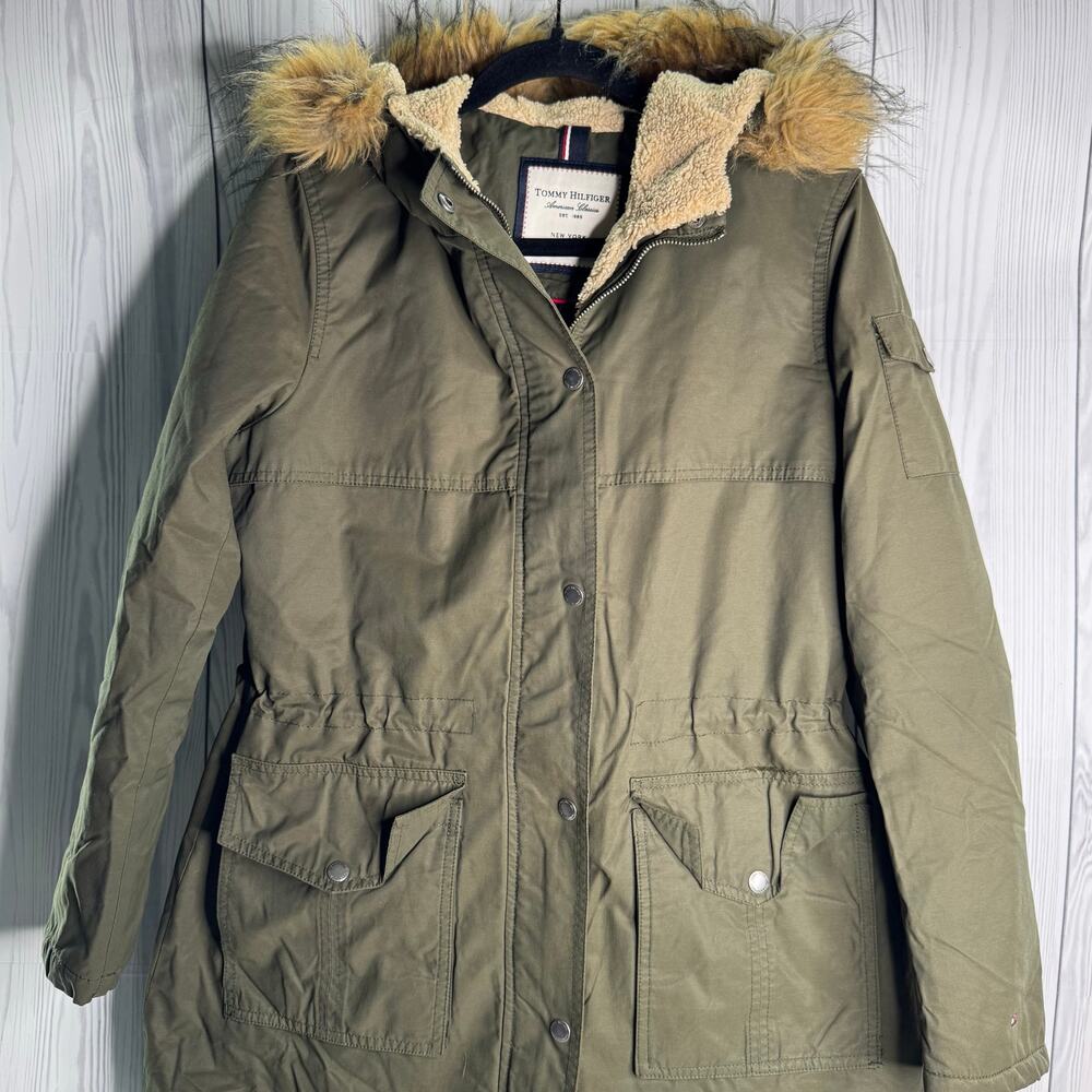 Y2K Tommy Hilfiger Olive Green  Jacket Parka Women’s Med Faux Fur Split Hood